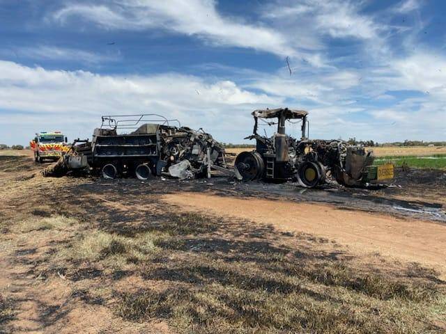 Destroyed hay and farm machinery was the result of a fire at a Warburn property early Tuesday morning. Picture supplied