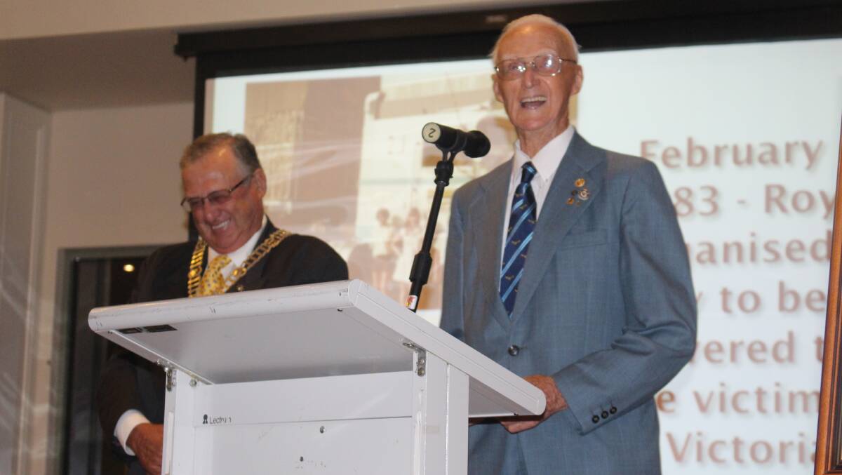 A SPECIAL MOMENT: Griffith Mayor John Dal Broi laughs at Roy Stacy's stories about his time in the Royal Australian Air Force. Roy was named as a Freeman of the City.