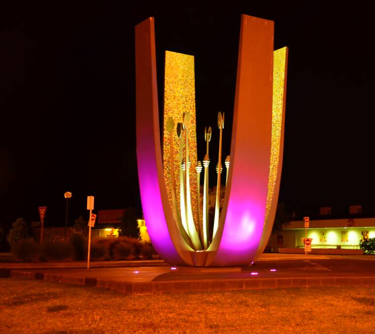 IMPRESSIVE: The Nancy Blumer monument has been lit up to support Griffith's Relay for Life. 