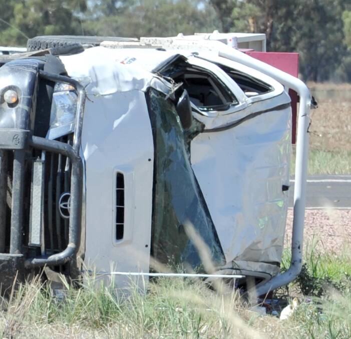 TWO CAR COLLISION: A 44-year-old man was treated for minor injuries after a two vehicle accident on the Kidman Way near Darlington Point on Saturday. Picture: Anthony Stipo