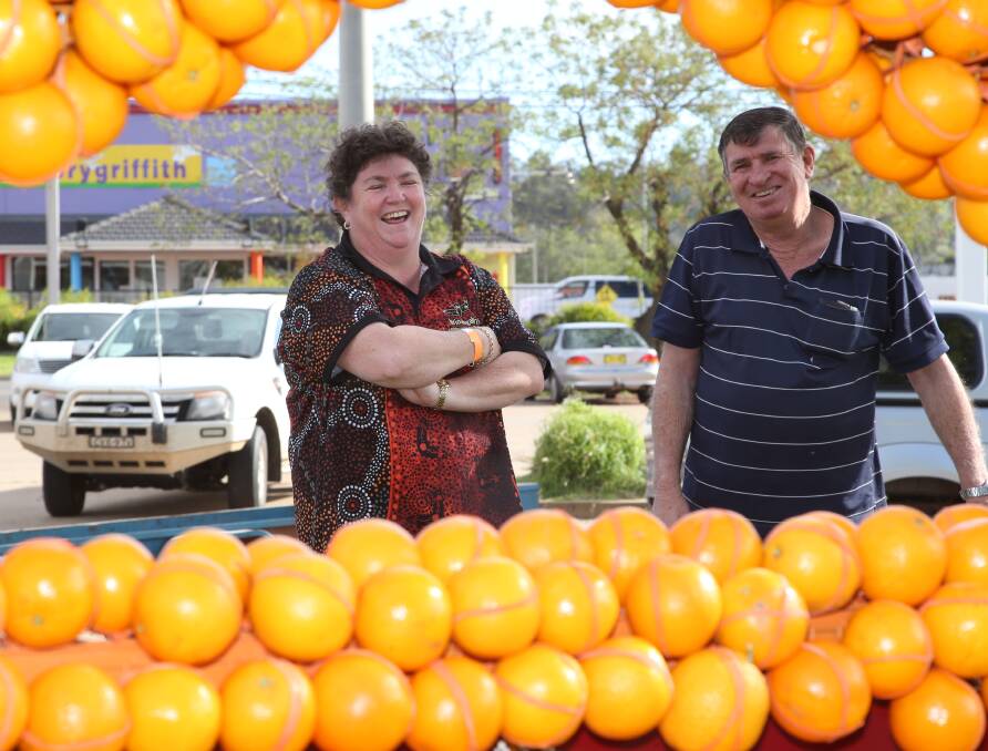 Lisa Penrith and Des O'Hara were on hand to help set up at the Festival of Gardens citrus sculptures.