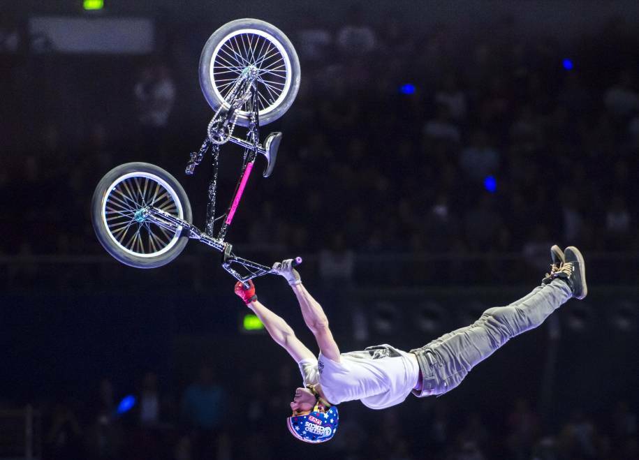UPSIDE DOWN: Kurtis Downs performas one of the many stunts residents can expect to see when Nitro Circus Live hits Griffith's EW Moore Oval. Picture: Supplied