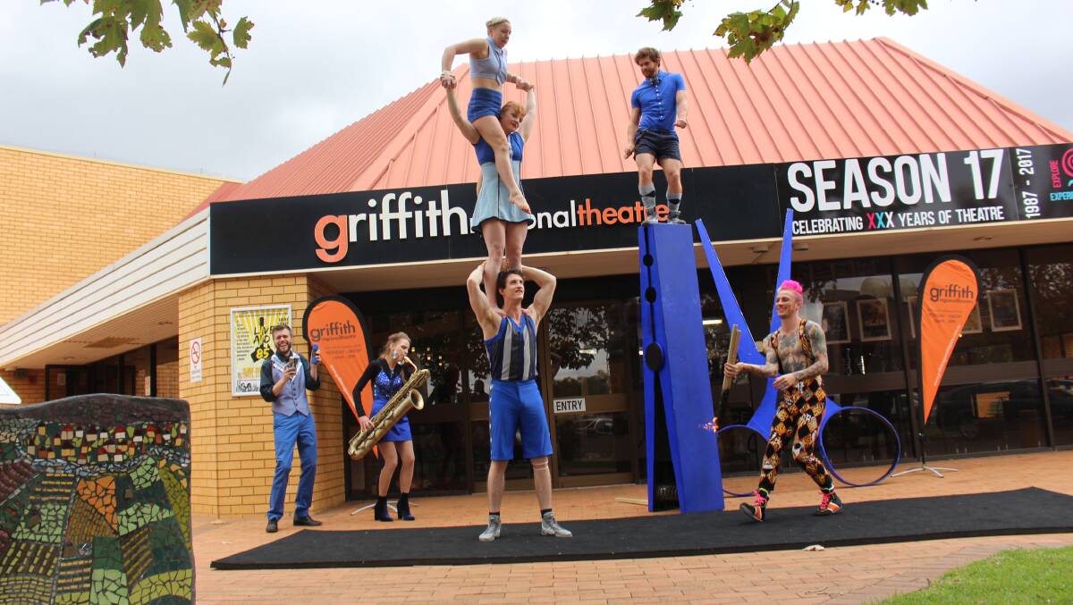CIRCUS IN THE STREETS: The talented Circus Oz troupe demonstrate just some of their many tricks outside the city's theatre. PHOTO: Hannah Higgins.
