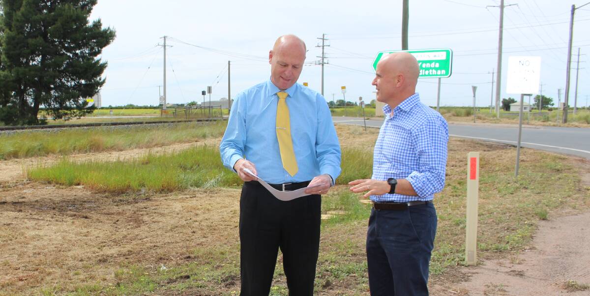 PLANS: Roads and Maritime Services regional manager of southwest NSW Lindsay Tanner with Member for Murray Adrian Piccoli. Picture: Hannah Higgins.