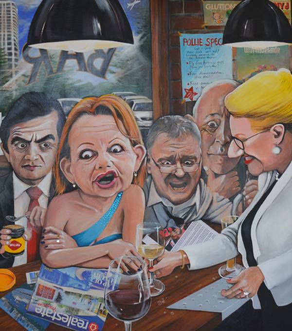 POLITICS: Julia Davis' entry for the Bald Archy Prize shows Sam Dastyari, Sussan Ley, Rod Culleton, Bob Day and Bronwyn Bishop in a bar after a tumultuous year in politics.