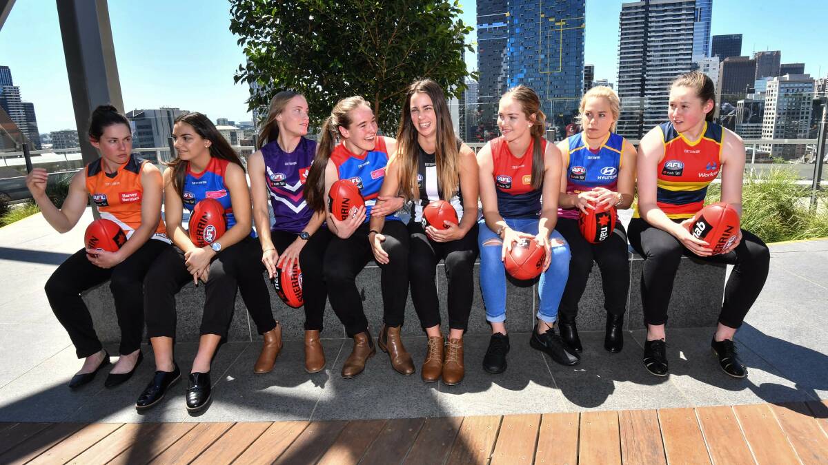NEW BEGINNINGS: Hay's Jodie Hicks (far left) with fellow draftees Monique Conti, Stephanie Cain, Isabelle Huntington, Chloe Molloy, Eden Zanker, Jordan Zanchetta and Jess Allen in Melbourne on Wednesday.
