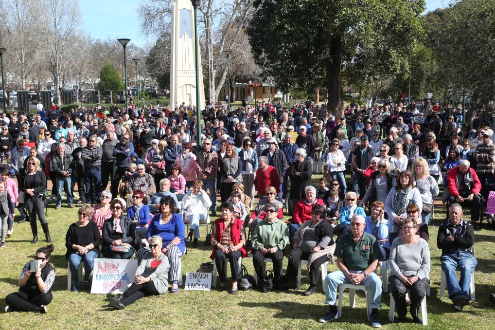COMMUNITY RALLIED: Close to a thousand showed up to listen to prominent members of the community strengthen the call for a new Griffith Base Hospital. PHOTO: Anthony Stipo.