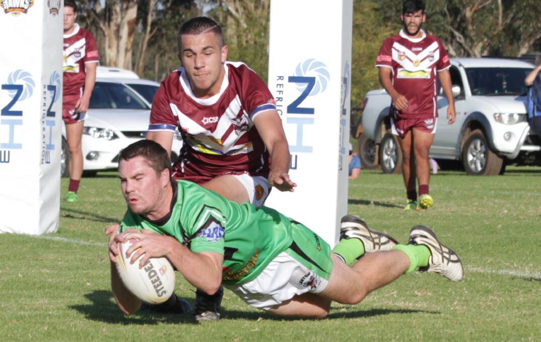 ON SONG: Bradley Mcdonell dives over for a try against Yanco-Wamoon last week. Picture: Ron Arel