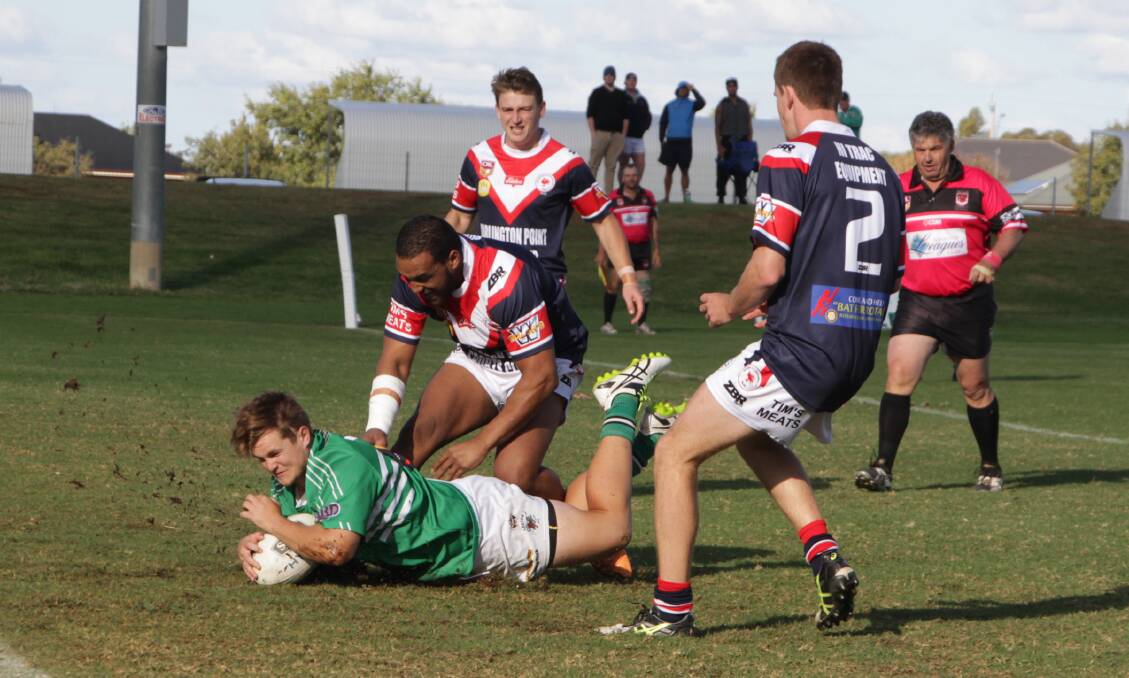 OVER THE LINE: Jayke Stevenson scores a try for Leeton. Picture: Ron Arel