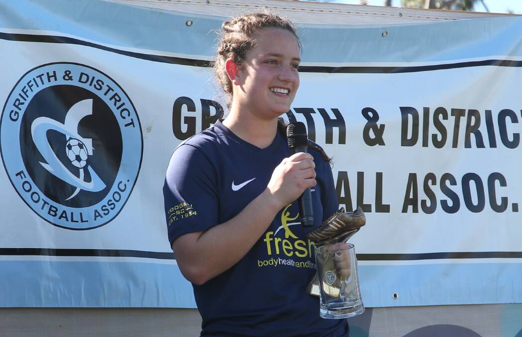 DOUBLE: Yoogali SC’s Johane Oberholzer addresses the crowd after being awarded the women's best and fairest and golden boot awards.