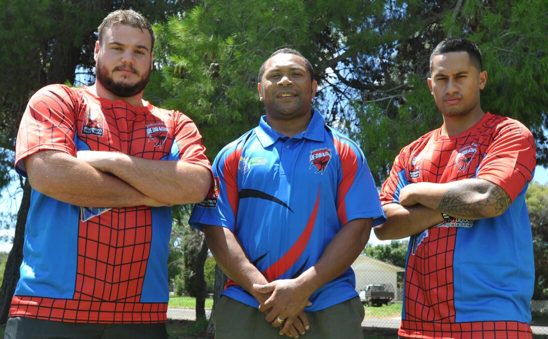 READY TO ROLL: Mat Vitucci, Seru Rogo and Vaea Mateo display the spiderman-inspired SIRU Redbacks - who are sponsored by Riverina Complete Solar - jerseys. Picture: Ben Jaffrey