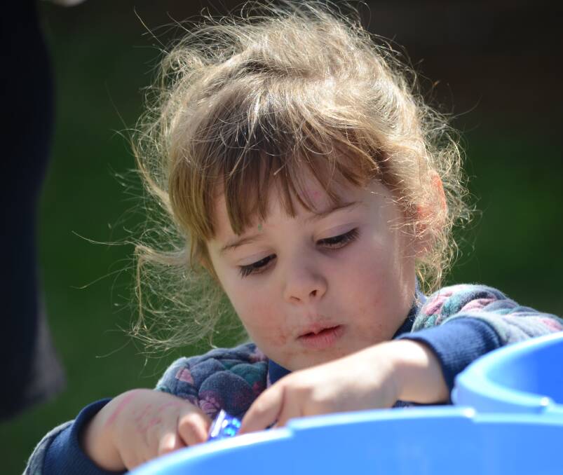 Naome Fair, 2, concentrates on the task at hand.