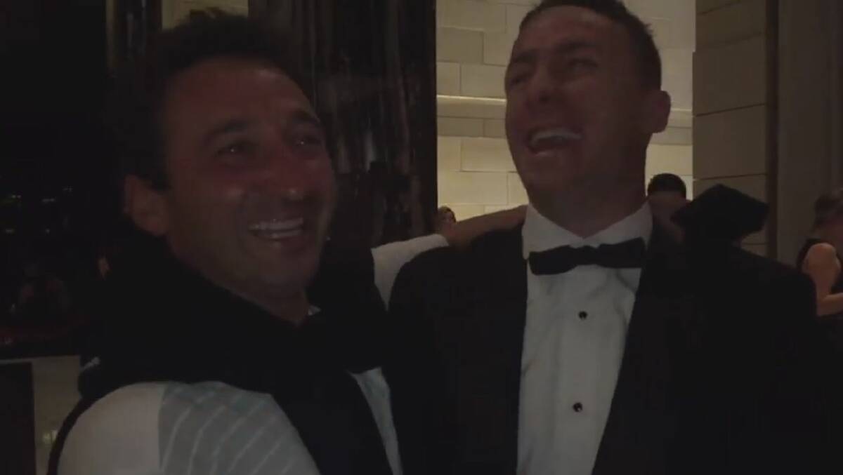 HAVING A LAUGH: Bruno Sergi with James Maloney. Picture: NRL - National Rugby League Facebook page