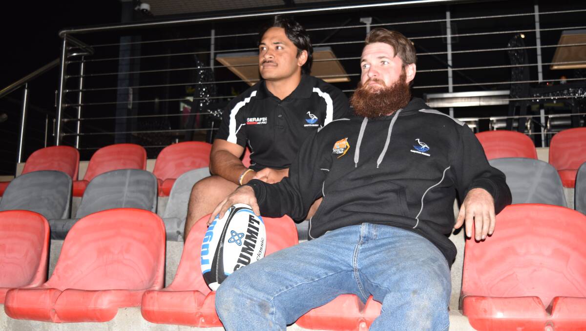 UP TO IT: Blacks coach Jason Waring-Bryant, pictured on the right with captain Chris Latu, believes Griffith has the forwards to match Wagga City. PHOTO: Ben Jaffrey