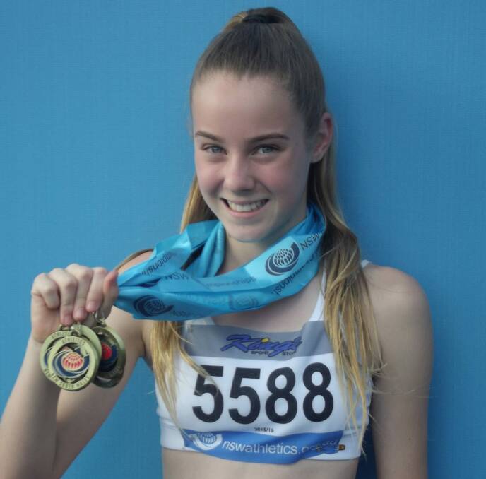 HAUL: Sara Negus shows off the five gold medals she collected at the NSW Junior and Youth Athletics Championships in Sydney. Picture: Supplied