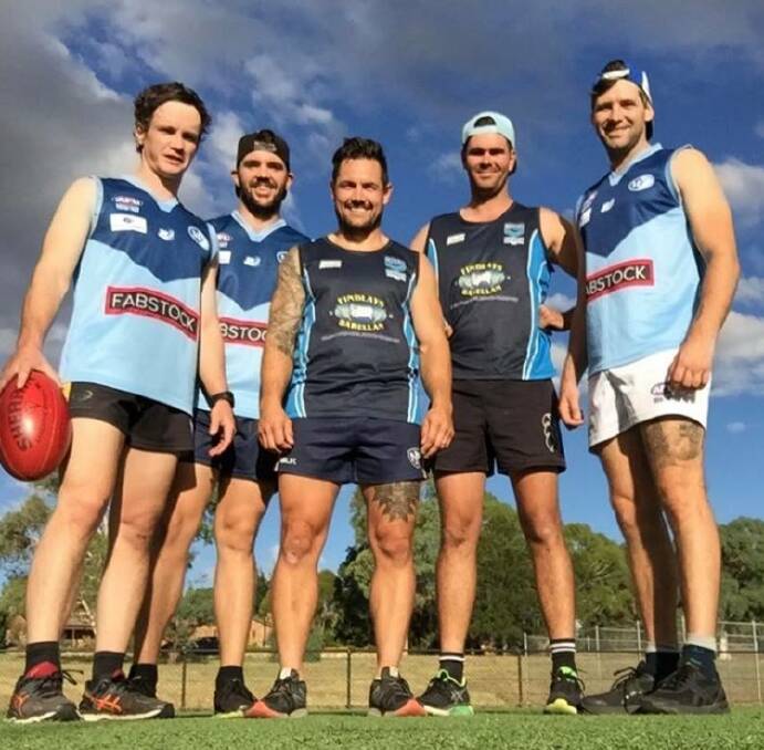 CAPITAL CREW: Barellan's Canberra-based quintet (from left) Mal Fernie, Matt Wells, new recruit Sean Ellis, Will Prowse and James McCabe training together last week.