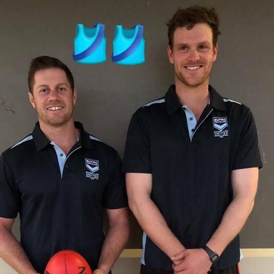 ON SIDE: New Barellan assistant coach Sean Browning (left) with Two Blues coach Will Overs. 