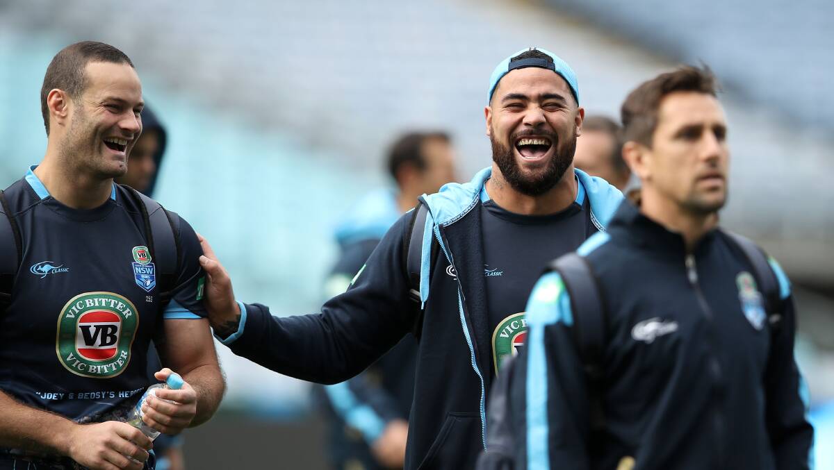 ON FIRE: Andrew Fifita arriving during a New South Wales Blues State of Origin captain's run. PHOTO: Mark Kolbe / Staff