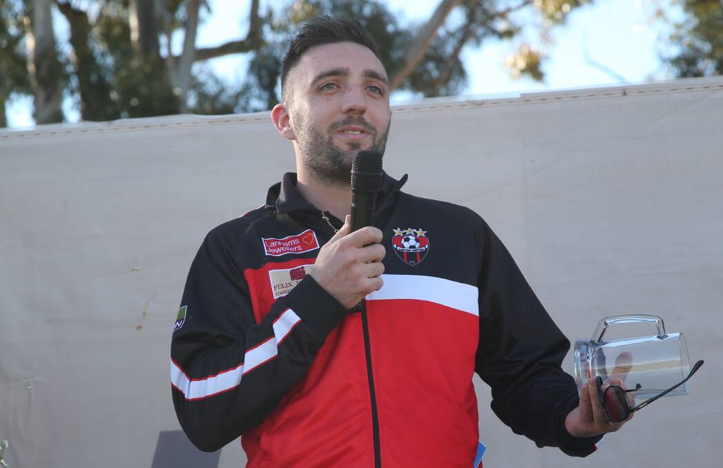 Best and Fairest: Leeton United's Adam Raso addresses the crowd after being named the 2016 first grade best and fairest player. Picture: Anthony Stipo