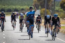 Titus Madeley edged out his Wagga Cycling Club teammates Luke Nixon and Hunter Behnke to claim the Dean Carter Memorial in Grififth. Picture by Andrew McLean