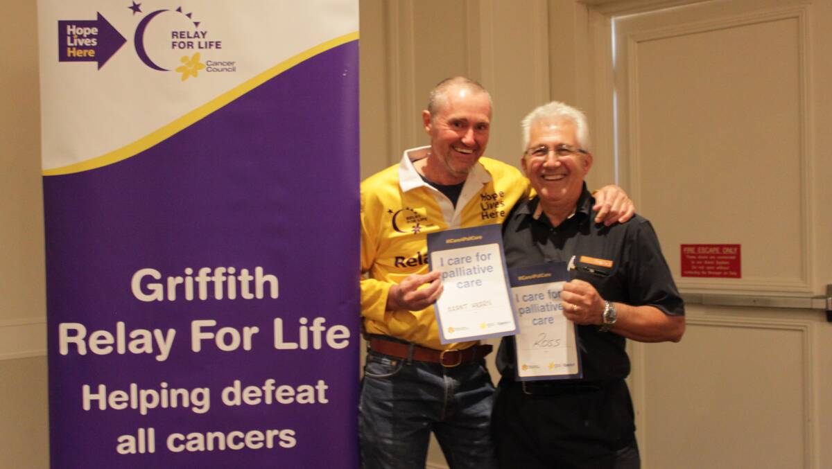 FIGHTING FOR A CAUSE: Grant Hearn, Griffith Relay for Life Chairperson, and Ross Catanzariti pledge their support behind the campaign.