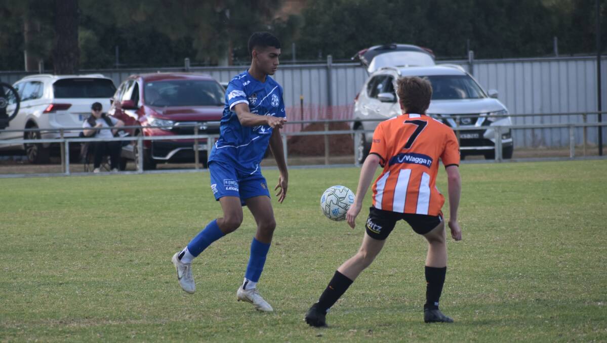 Rahul Giran looks to bring the ball under control during Hanwood's opening round win over Wagga United. Picture by Liam Warren