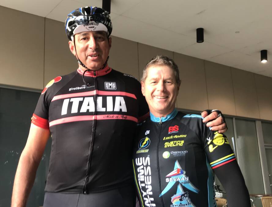 GRIFFITH'S OWN: Frank Signor with Peter Budd also before the race at The Rock on the weekend which is the first interclub event of the 2018 Tour de Riverina racing series. PHOTO: Supplied