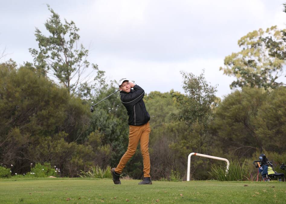 YOUNG GUN: Jake Harrison tees off at the Griffith Golf Club at the weekend. Picture: Anthony Stipo