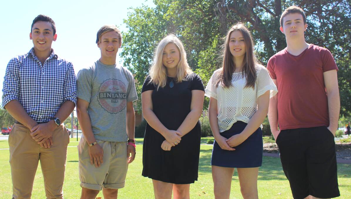 ALL OVER: Josh Foley, Nathan Snaidero, Skyla Eardley, Emma Seton and Kieran Turnell are done and dusted with high school. Picture: Riley Krause.