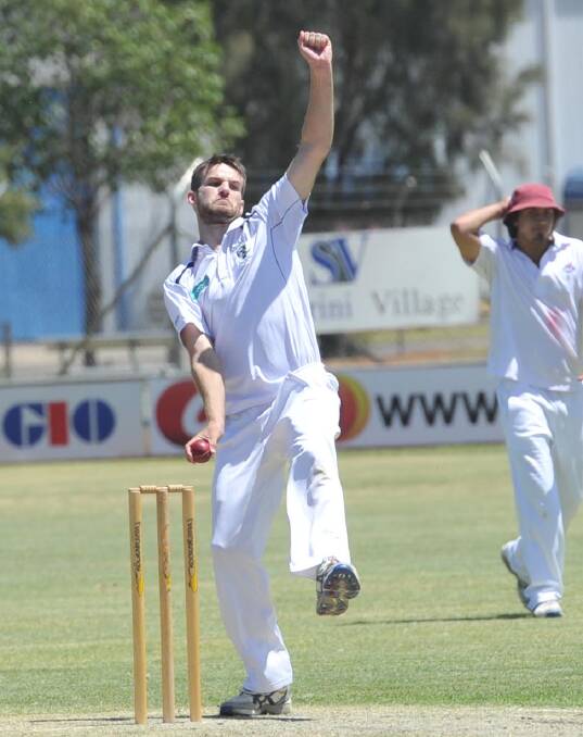 ACCURATE: Hanwood's Tom Shannon winds up during his opening spell against Diggers. Pictures: Ben Jaffrey