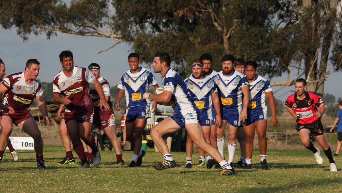 ON A MISSION: Geordie McFarlane charges fearlessly at the Yanco-Wamoon line and is intent on bringing the ball towards the try line. Photo: Ron Arel