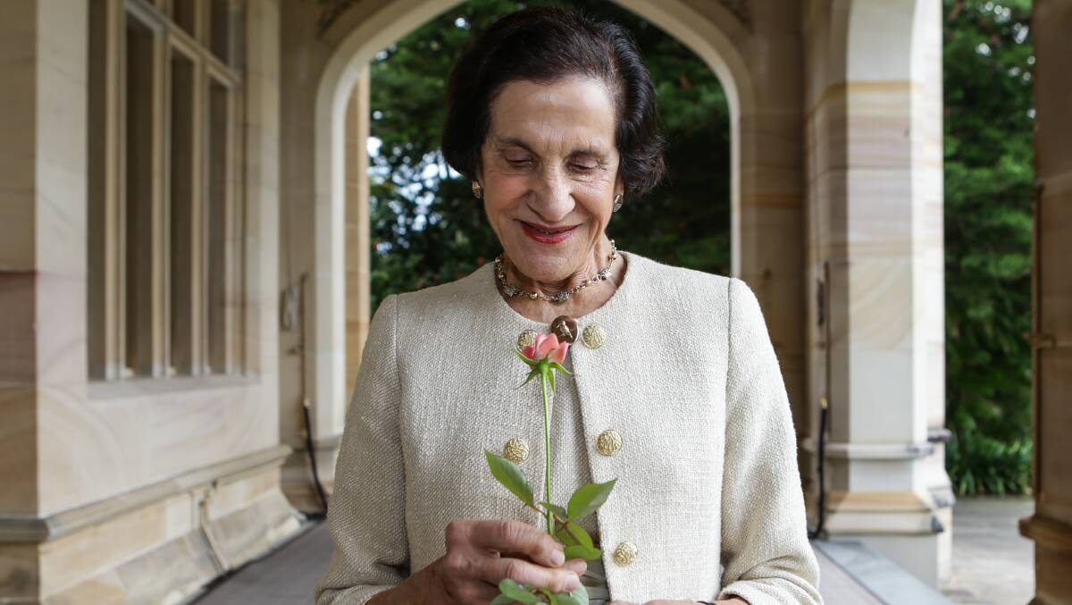 NARRANDERA LADY: Dame Marie Bashir with the Governor Marie Bashir rose. Picture: Dallas Kilponen 