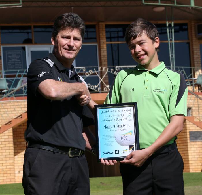 WELL DONE: Griffith Golf Club pro Wayne Rostron congratulates Jake Harrison on his Titleist/FootJoy Scholarship. Picture: Anthony Stipo