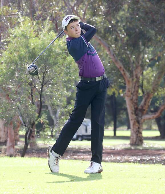 GREAT SHOT: Talented junior Jake Harrison shows off his power from the tee at Griffith Golf Club. Pictures: Anthony Stipo