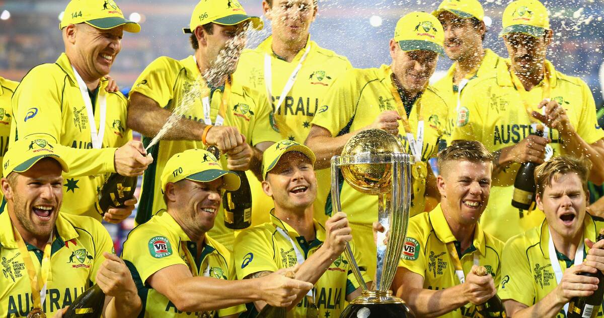 Success: The Aussie cricket side celebrate after beating New Zealand in the final of the World Cup at the MCG. Picture: Getty Images