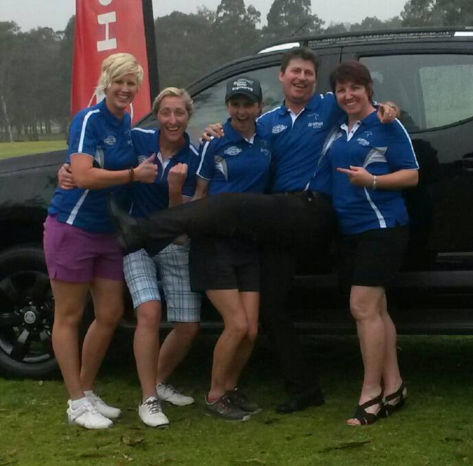 WINNING COMBINATION: Lauren Marshall, Kandice Marin, Mel Bonetti, Wayne Rostron and Lona Rostron celebrate their win at the Ladies' Holden Scramble NSW final. Picture:Supplied