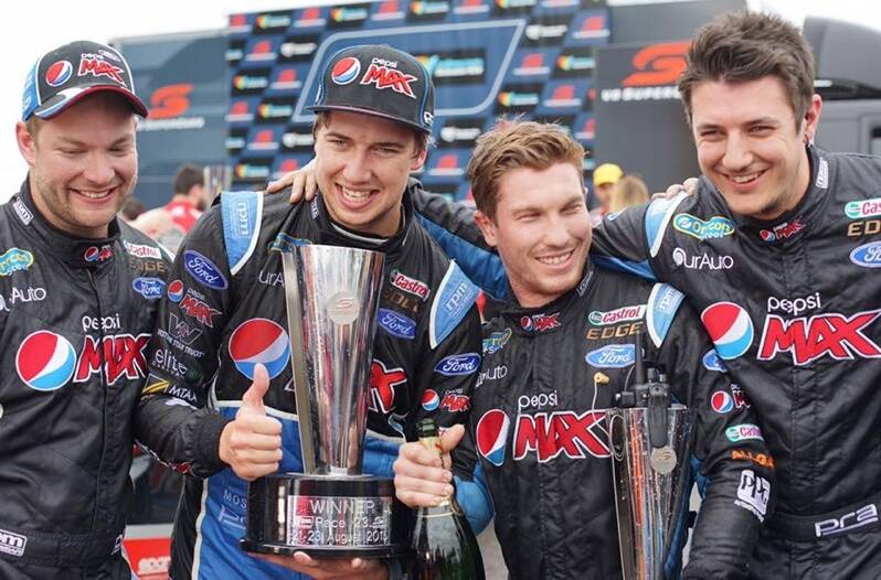 SUCCESS: Pepsi Max Crew members Cam Stephens, driver Chaz Mostert, Ethan Byrne and Simon Robinson celebrate a win. Picture: Supplied