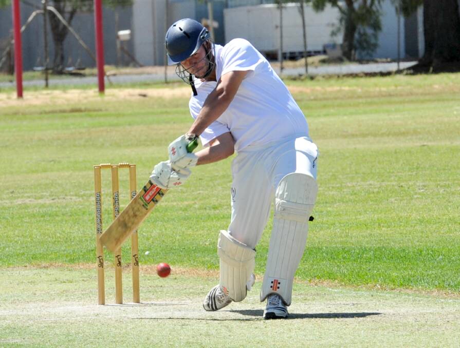 TIMING: Leagues Club batsman Logan Matheson plants the front foot to blast the ball through the covers. Picture: Anthony Stipo
