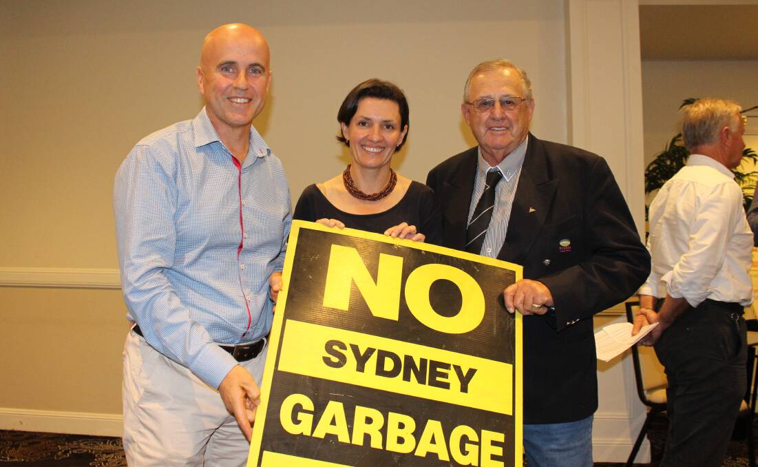 NO WAY: Member for Murray Adrian Piccoli with activist Renee Doyle and Griffith mayor John Dal Broi spoke against the proposed "mega dump". Picture: Stephen Mudd.