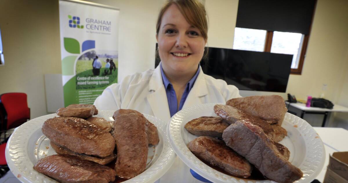 MEATY TEST: NSW Department of Primary Industries researcher and PhD student Jordan Hoban with some of the lamb samples cooked up. Picture: Les Smith