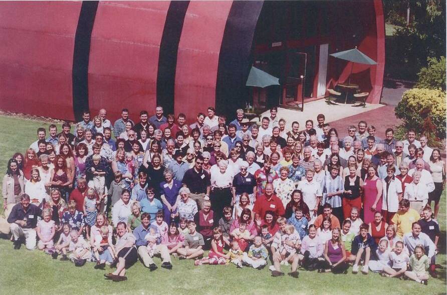 The McWilliam family at the Hanwood Winery in 2002, having grown somewhat in 67 years. Picture courtesy of the McWilliam family.