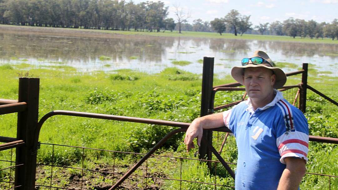 Troy Stone at his flooded Collingullie farm in September, 2016.