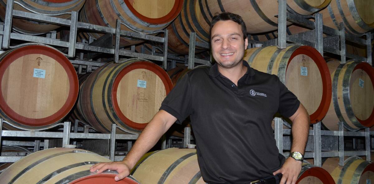 WINE: Andrew Calabria with some of the American Oak barrels containing his family's signature Durif. Picture: Stephen Mudd.