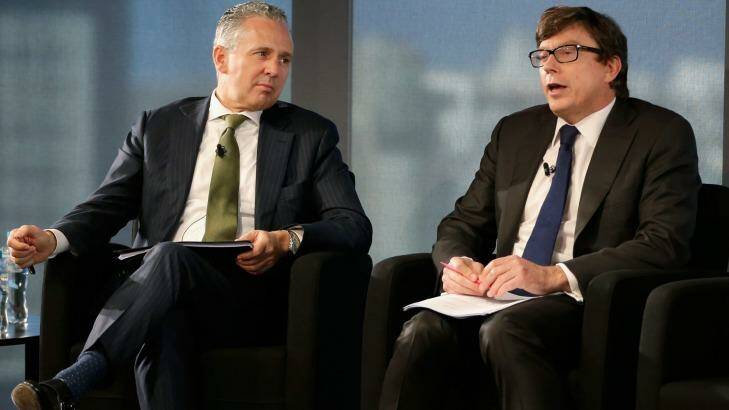 Telstra chief executive Andrew Penn and chief financial officer Warwick Bray answer questions during an Telstra Investor Briefing in May, 2016.  Photo: Darrian Traynor