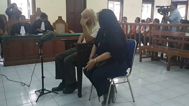 Australian paedophile Robert Ellis prays before his sentencing in Denpasar District Court on Tuesday. Photo: Amilia Rosa