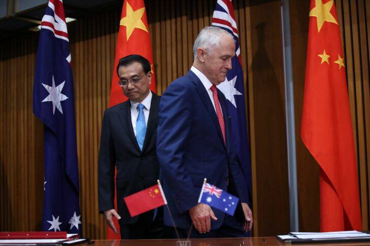 Prime Minister Malcolm Turnbull and Premier Li Keqiang of China during a signing ceremony at Parliament House in Canberra on Friday 24 March 2017. Photo: Andrew Meares 