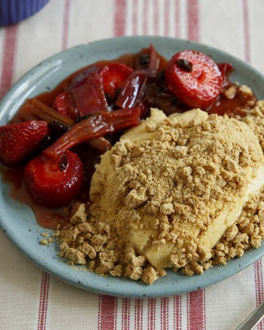 Frank Camorra's deconstructed cheesecake with rhubarb and strawberries <a href="http://www.goodfood.com.au/good-food/cook/recipe/walnut-filled-pancakes-with-chocolate-sauce-20121123-29uvc.html?rand=1360196343842"><b>(Recipe here).</b></a> Photo: Marcel Aucar