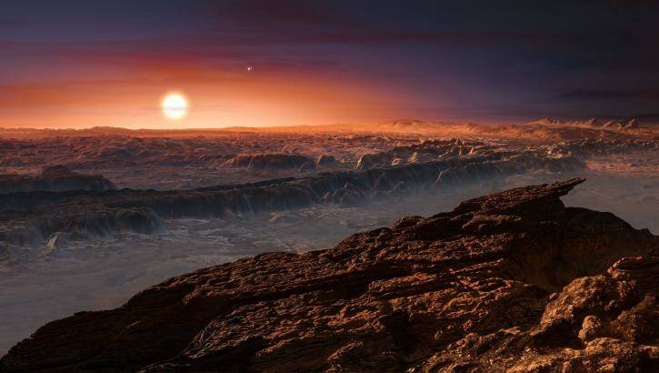 An artist's impression of the surface of planet Proxima b orbiting the red dwarf Proxima Centauri, the closest star to our solar system. Photo: ESO/Kornmesser