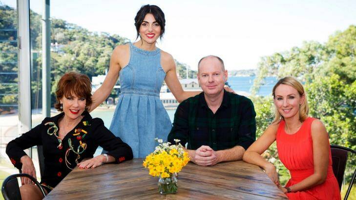 Silvia's Italian Table: Silvia Colloca (standing) serves dinner to celebrity guests such as (from left) Kathy Lette, Tom Gleeson and Lisa McCune. Photo: ABC