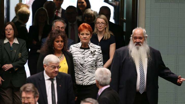 Senator Pauline Hanson enters the House of Represenatives for the address of Prime Minister of Singapore Lee Hsien Loong arrives to the Parliament of Australia at Parliament House in Canberra on Wednesday 12 October 2016. Photo: Andrew Meares Photo: Andrew Meares